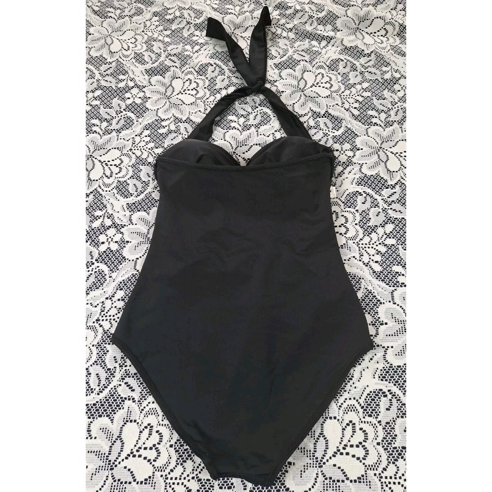 Cocoship Swimsuit Woman's Size M Solid Black One Piece Built-in Bra Halter Top - Picture 11 of 12